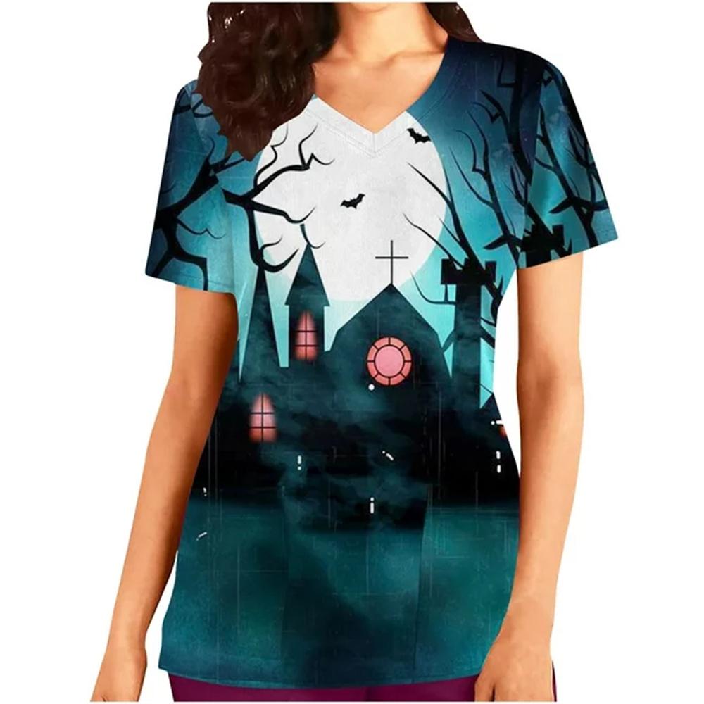 Surgical Uniforms Woman Halloween Prints Curable Nurse Tops Casual V-Neck Short Sleeve Patch Pocket Tees Nurse Uniform Woman