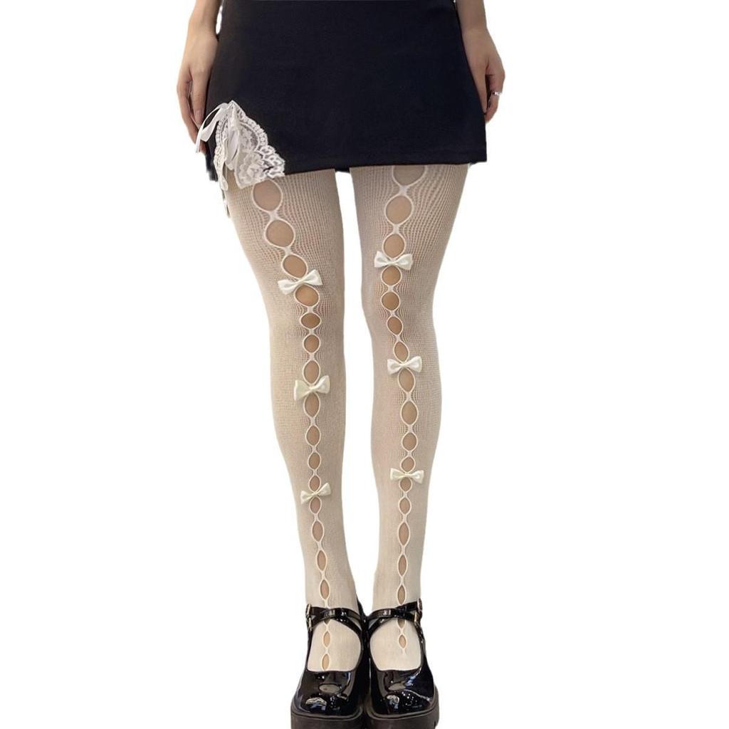 Lolita Bow Japanese JK White Fishnet Stockings - Sexy Hollow Pantyhose for Women