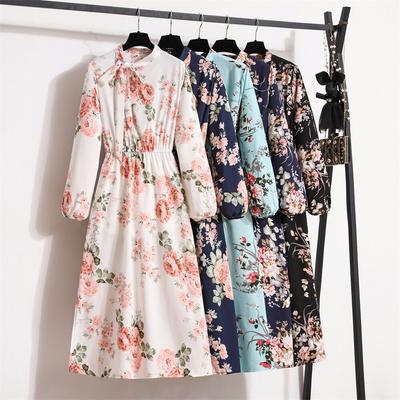 2023 New Women Long Dresses Spring Long Sleeve Printed Elastic Waist Maxi Dress Casual Woman Bow Collar Bohemian Mujer Vestidos