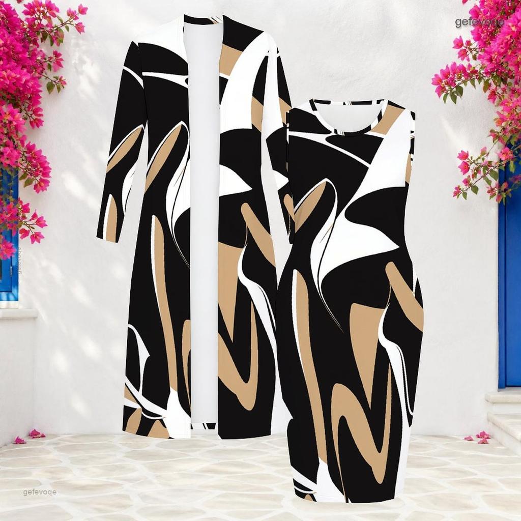 Women Plus Size Two Piece Set Long Sleeve Open Front Cardigan Sleeveless Crew Neck Bodycon Printed Dress
