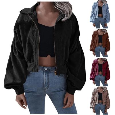 Women's Autumn Winter Corduroy Lapel Solid Long Sleeve Short Zip Jacket