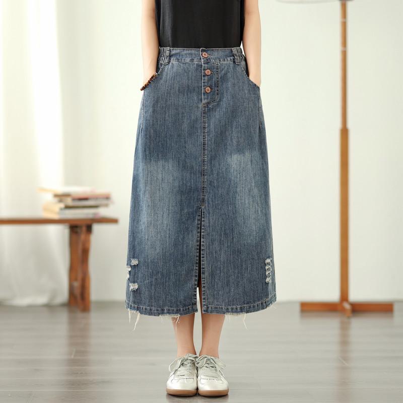 Summer Embroidered Flower Semi-elastic Waist Button Denim Skirt