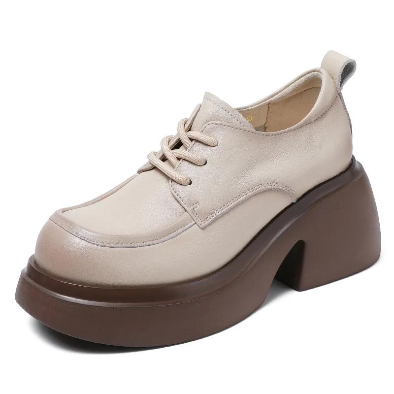 

Модные 7,5 см Модные женские туфли на плоской платформе Весна Осень Круглый носок Задняя молния Натуральная коровья кожа Академический стиль Повседневные лоферы Женские 39 бежевый