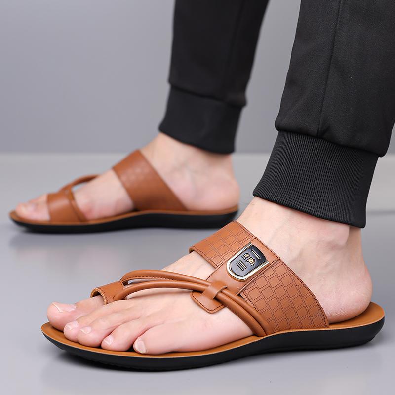 

Men Black Leather Slippers Simple Flats Flip Flops Summer White Open Toe Sandals Beach Shoes Plus Size 46 47 48 EU:48 коричневий