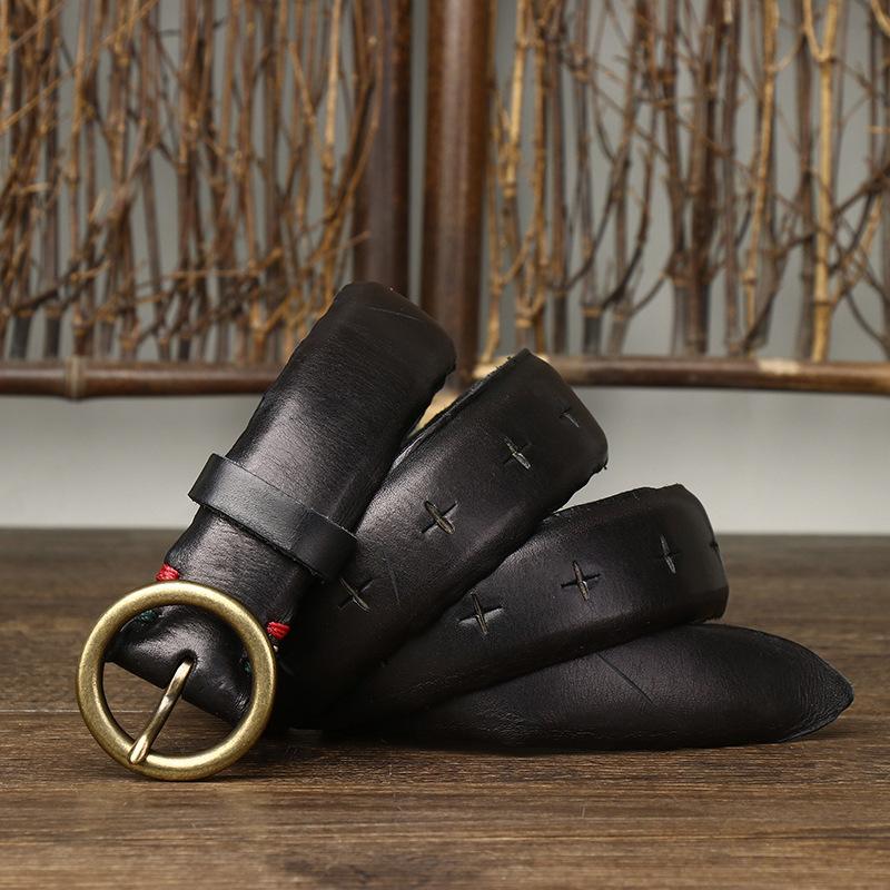 

Ремень мужской модный уникальный первый слой кожи натуральная кожа корейский ретро с круглой пряжкой ремень из чистой коровьей кожи 110cm