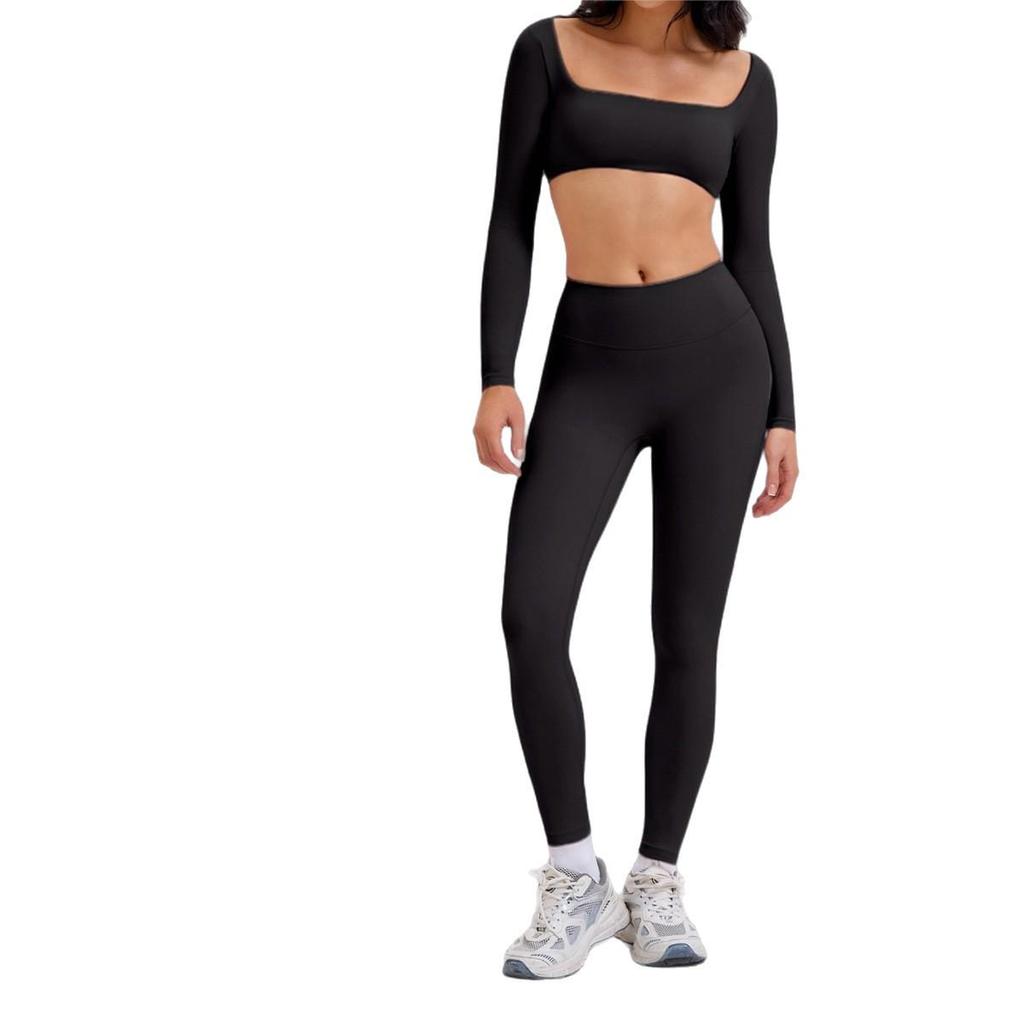 Damen Cross-Border Yoga-Set: High-Waist Leggings & Sexy Langarm-Top für Fitness im Freien