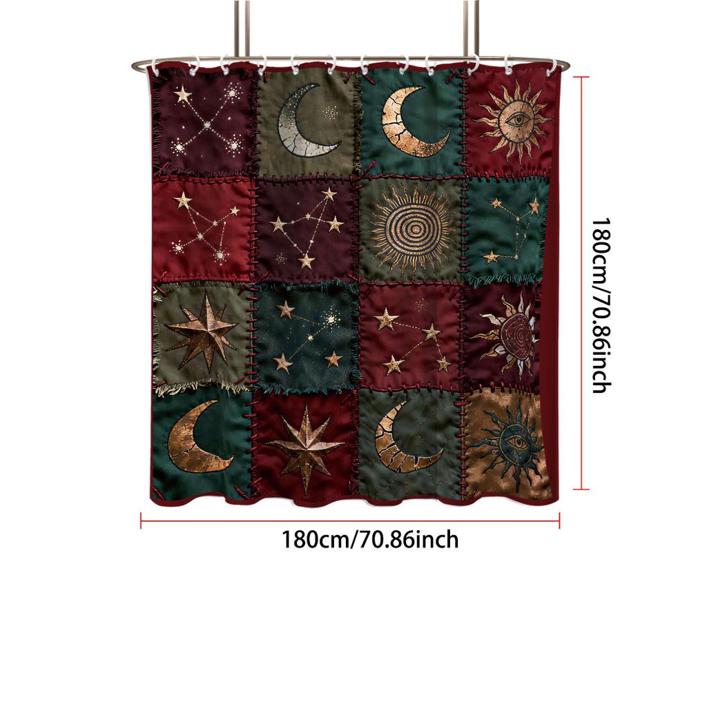 1Pc Fabric Sun Moon Splicing Print Waterproof Shower Partition Privacy Hanging Curtain 12 Hook Multiple Size Easy Installation