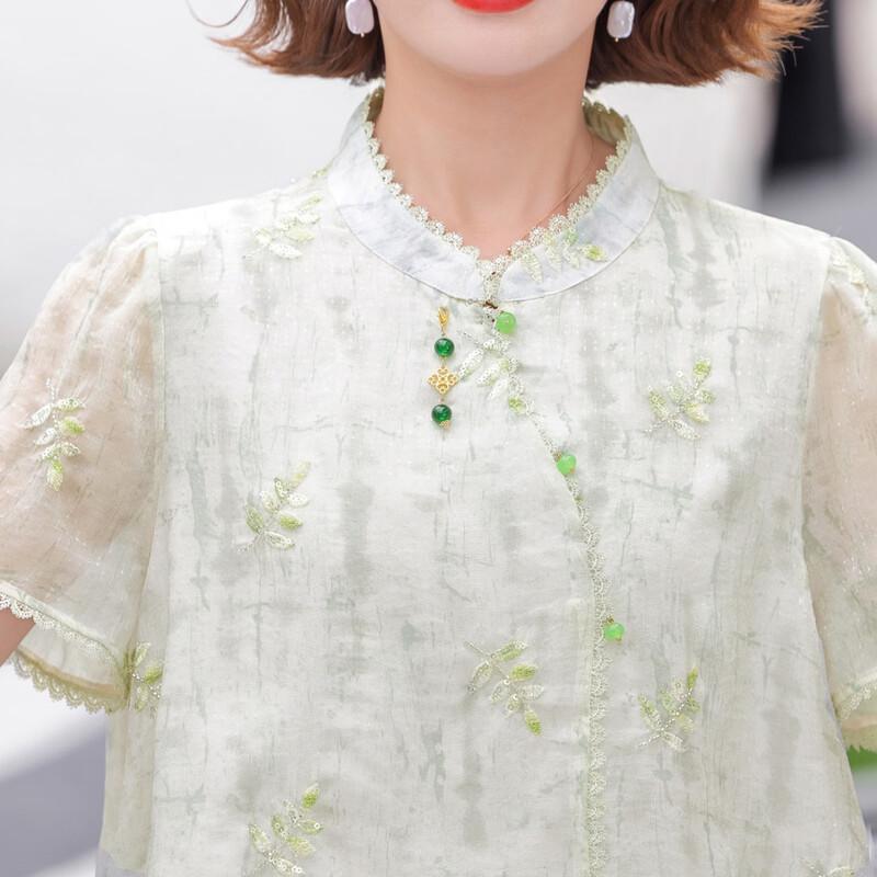 Yuzhaolin Women's New Chinese Style Embroidered Summer Shirt