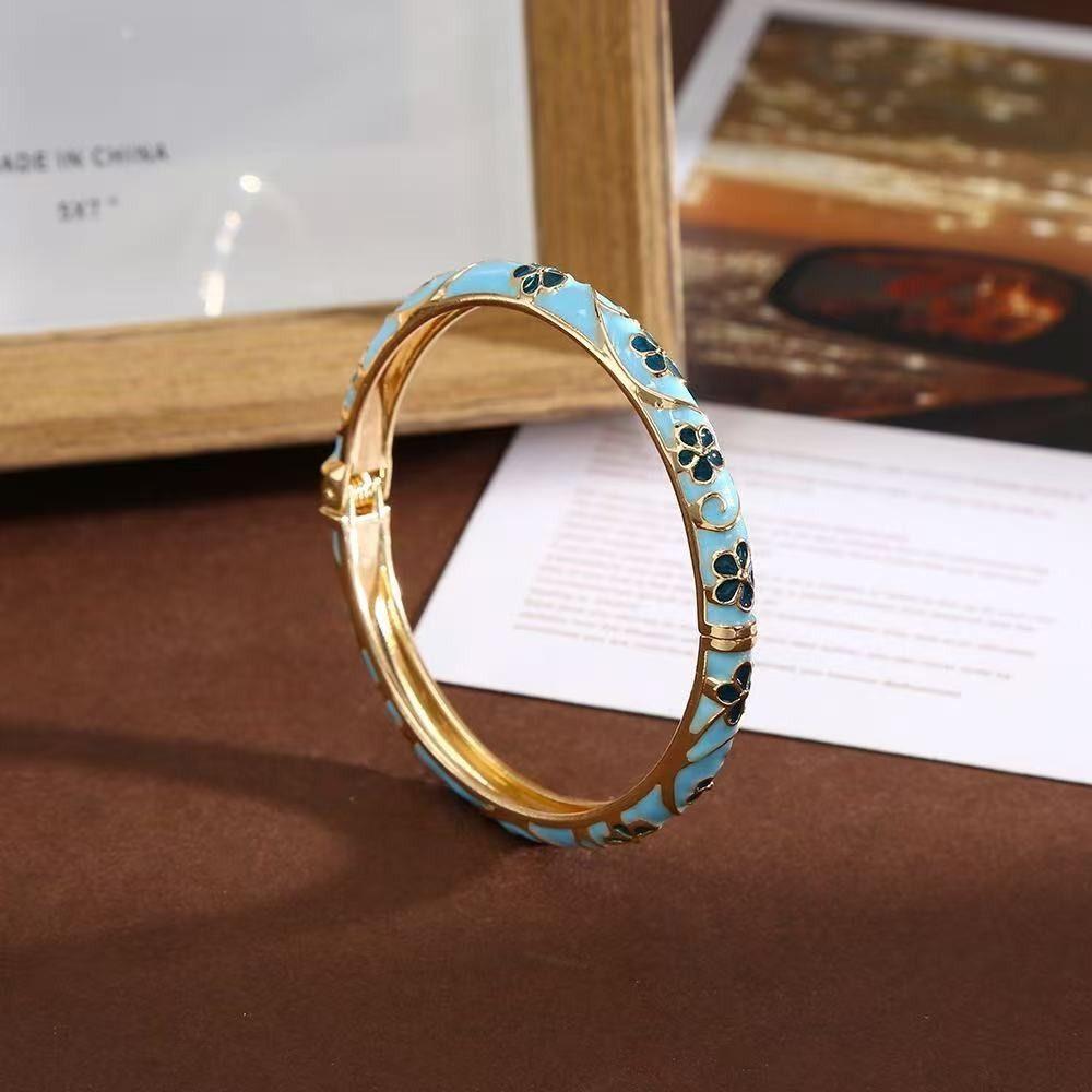Chinese Vintage Cloisonne Bangle Traditional Women's Hand Bracelet Hollow Out Flower Bangle Girls