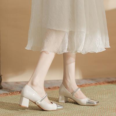 New Square Toe Color Matching Women's Shoes Mary Jane One-strap Thick Heel College Style Shoes