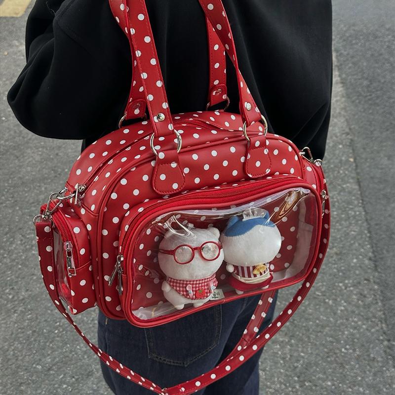 Polka Dot Boston Bag With Clear Window Cute Korean Style Versatile Handbag Crossbody Bag Ideal Ita Women Fashionable Outings Bag