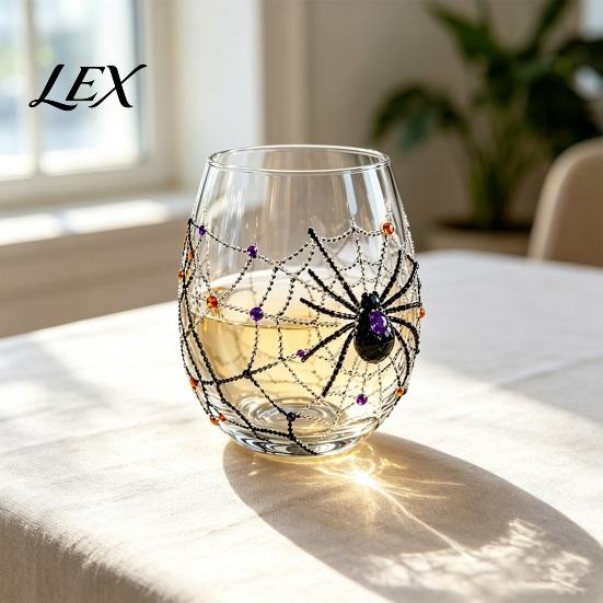 Day of The Dead Decor Halloween Ghost Whiskey Glass, Black Cat Spider Net Skull Tumbler for Gothic Home Cocktail, 350ml Spooky Drinkware Bar, Festive