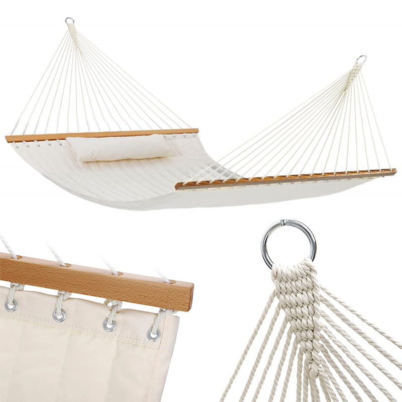 Garden hammock with cushion, quilted, two-person, beige, crossbar, swing