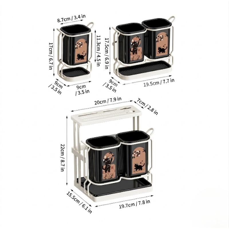 Two-tone carbon steel cutlery rack with cat print, dual installation ways and drip tray, stores knives and kitchen utensils.