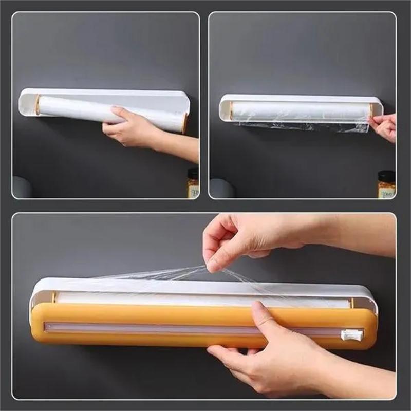 2 In 1 Plastic Wrap Cutter Cling Film Dispenser Tin Paper Aluminum Foil Parchment Paper Storage Cutting Box Kitchen Package Tool
