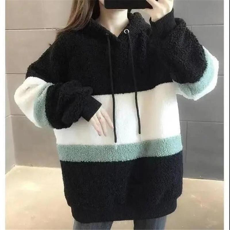 Dámská podzimní a zimní volná a silná teplá mikina s kapucí z jehněčí vlny s fleecem