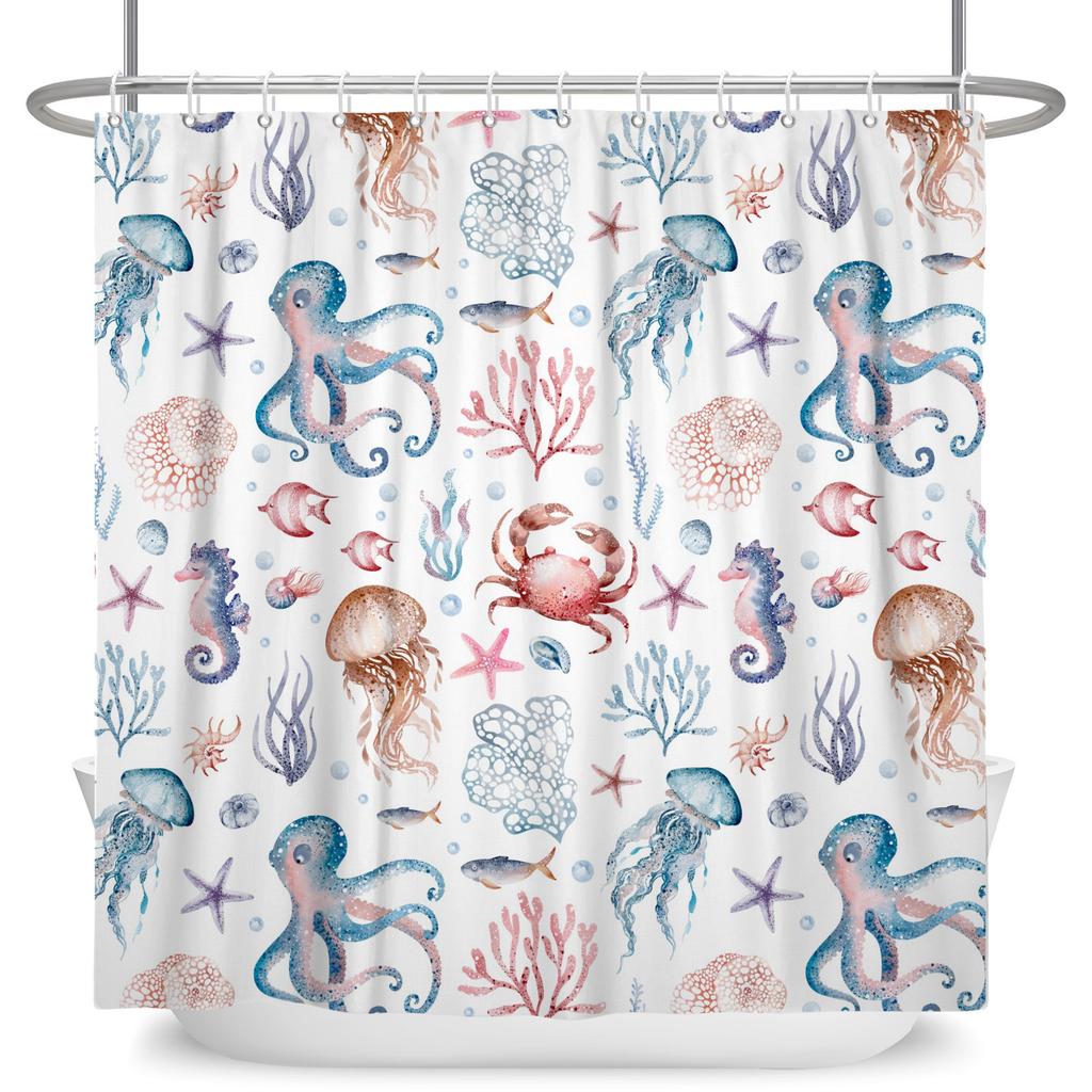 Underwater World Theme Bathroom Curtains Jellyfish Sea Turtles Sharks Waterproof Polyester Shower Curtain Decor With 12 Hooks