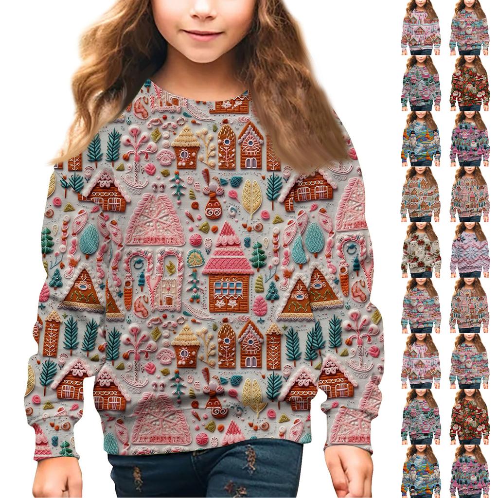 Girls Round Neck Pullovers For Kids Christmas Day Embroidery Printed Tops