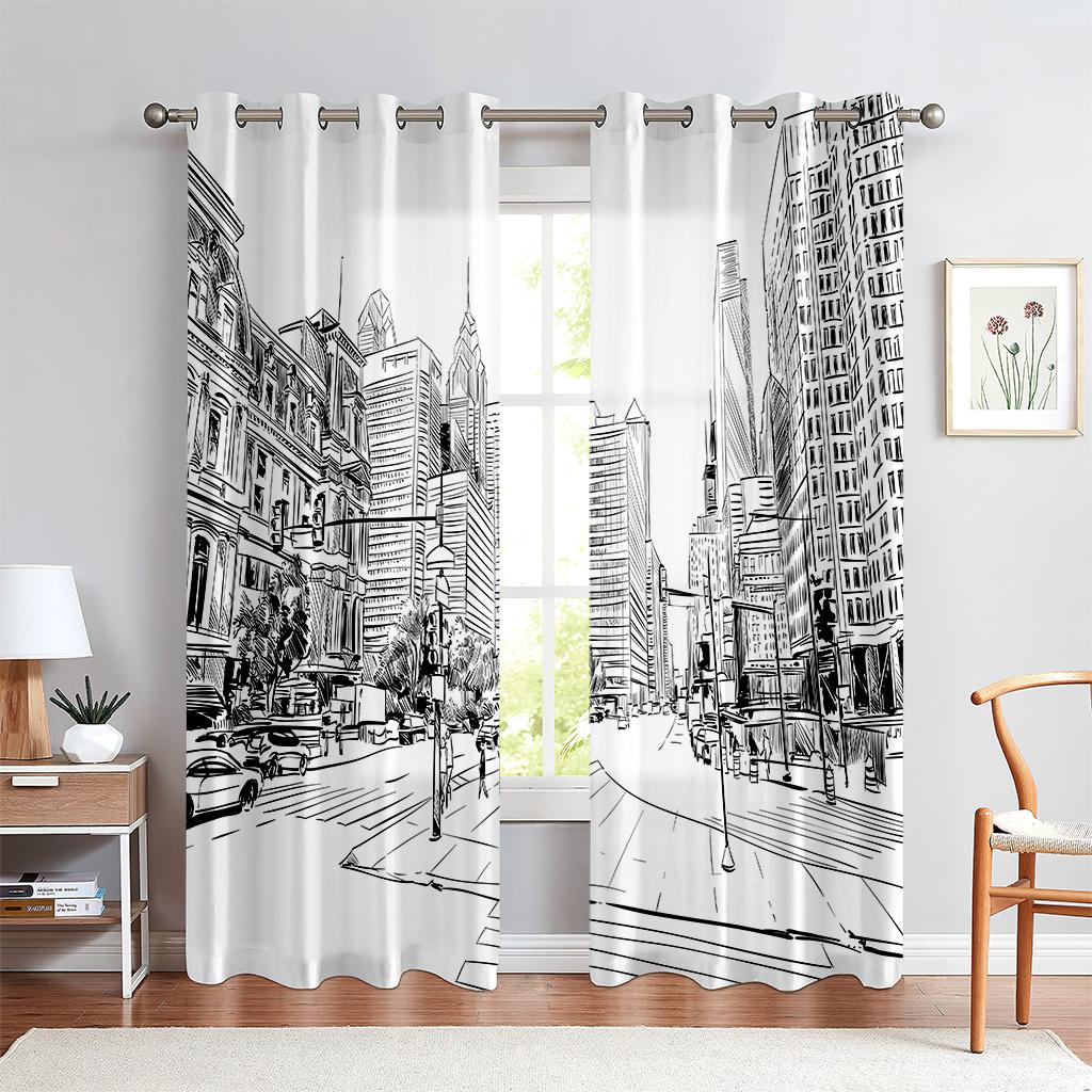 Stadtgebäude 3D-gedruckte Vorhänge Straßenansicht Flussblick Schwarzweiß Handgemalt Industriestil Wohnzimmer Vorhänge 2 Stück
