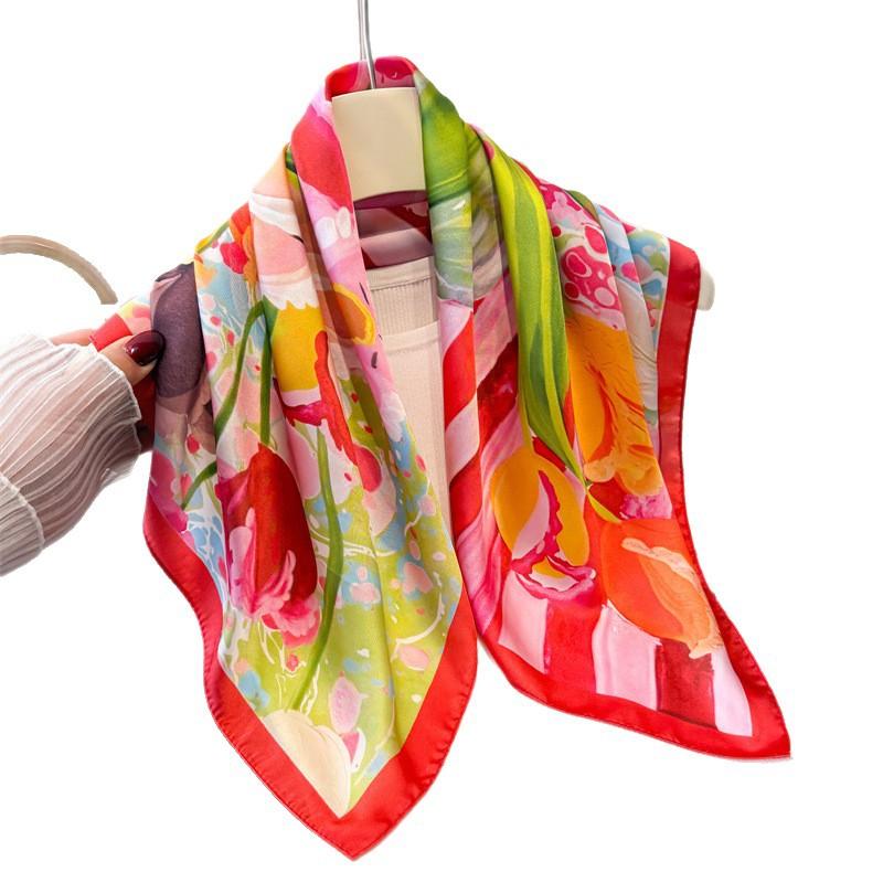 New Artistic Style Printed Imitation Silk Square Scarf Shawl Versatile High-end Feeling Neck Small Headscarf