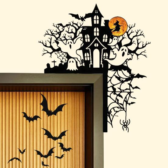 Halloween Door Corner Sign Metal Witch Cat Bat Ghost Spider Web Door Topper Sign Indoor Door Window Frame Decoration