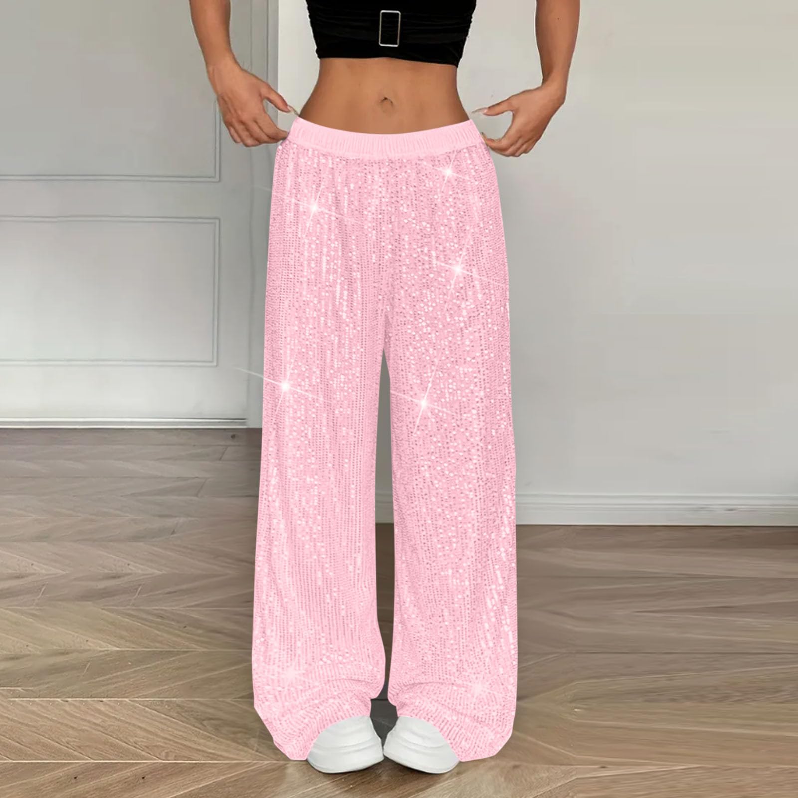 

Sequin Pants Women Stretchy High Waist Wide Leg Pant Casual Loose Glitter Trousers Bling Party Clubwear L рожевий