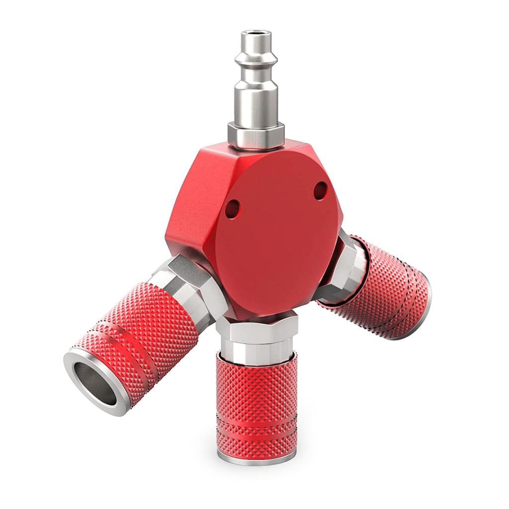3-Way Air Manifold 4 Ports Aluminum Industrial Flat Hex Quick Connect Air Hose Splitter with Couplers and Male NPT Plug