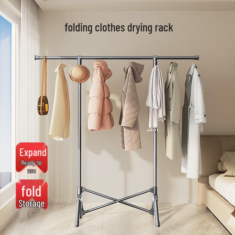 Retractable Indoor Folding Clothes Rack - Floor Standing, Movable Drying Hanger for Bedroom or Balcony