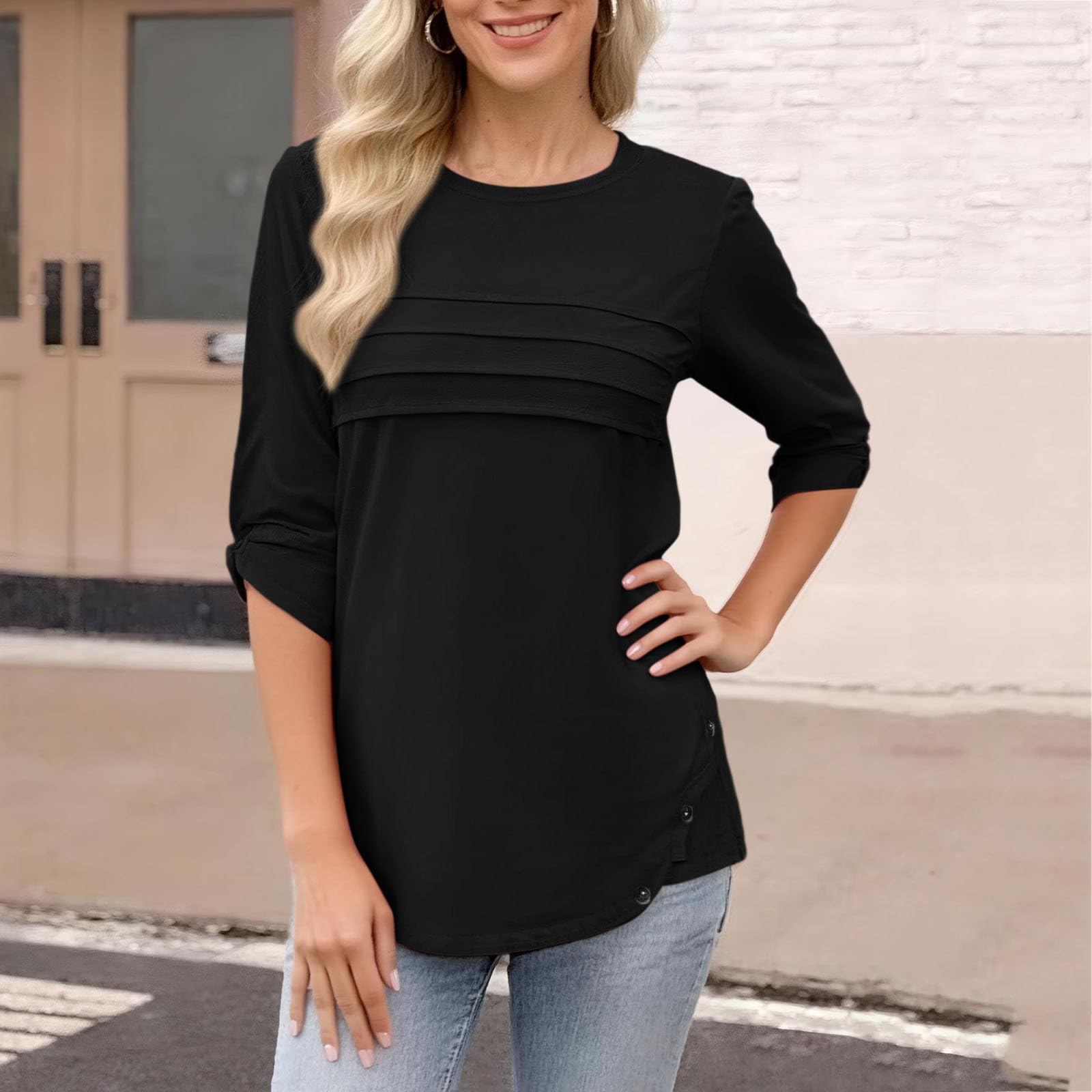 

Ladies Casual Fashionable Loose And Comfortable Round Neck Long Sleeved Button Hem Solid Color Top XL чёрный