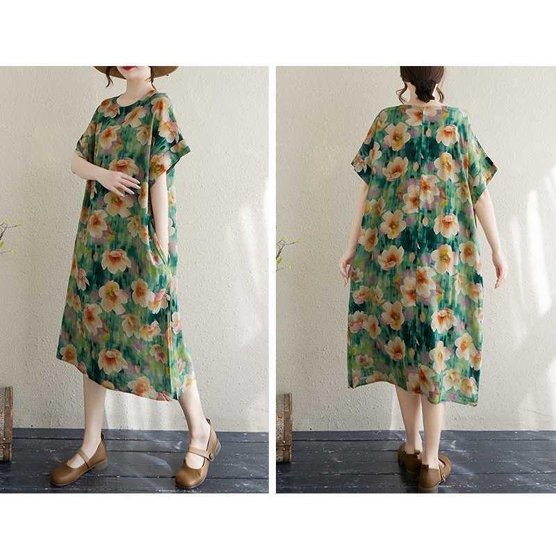 Women's Thin Cotton and Linen Loose Short Sleeved Dress with Retro Temperament Fairy Skirt