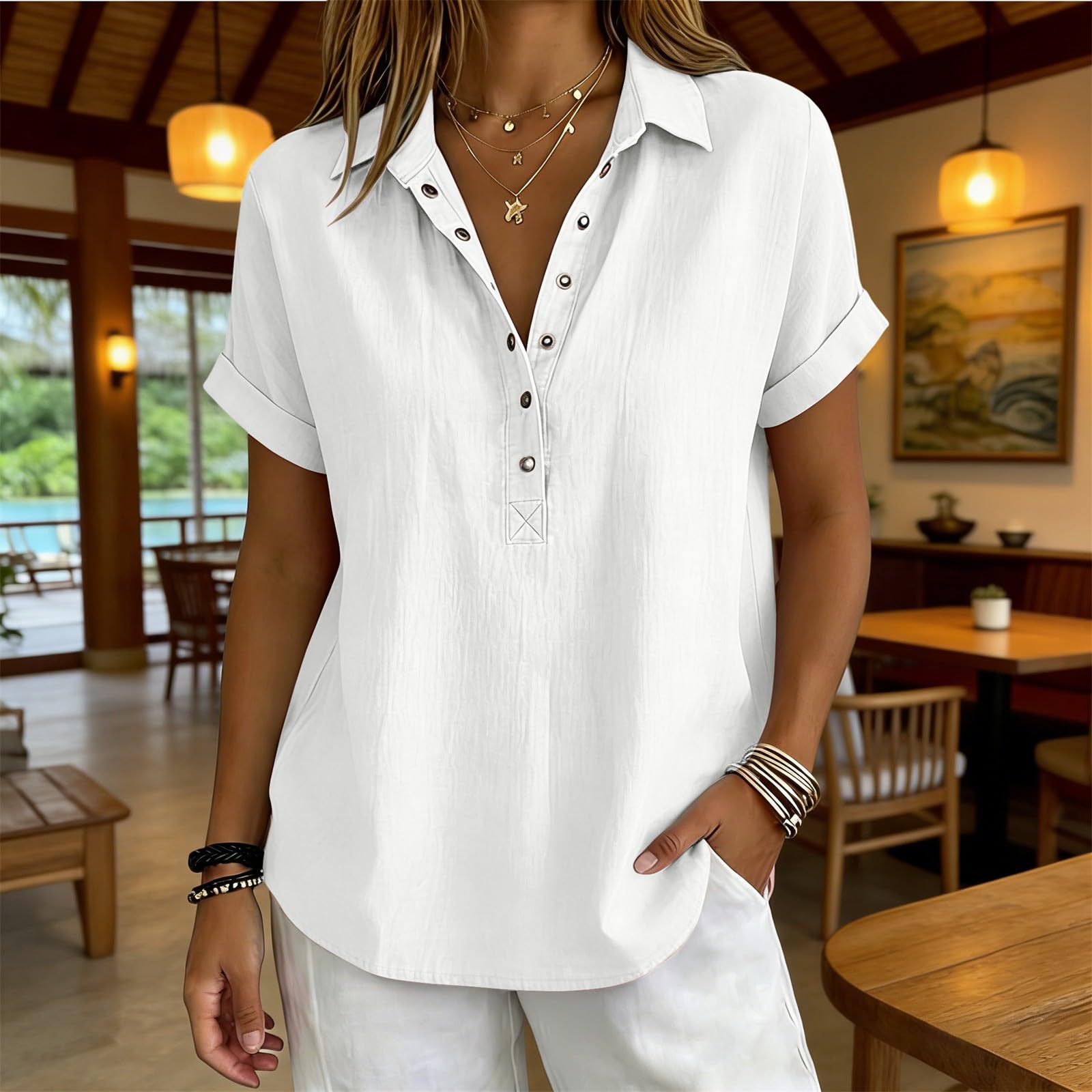 

Women s Fashionable Loose-Fit V-Neck Shirt: Casual Cotton-Linen Top XL білий