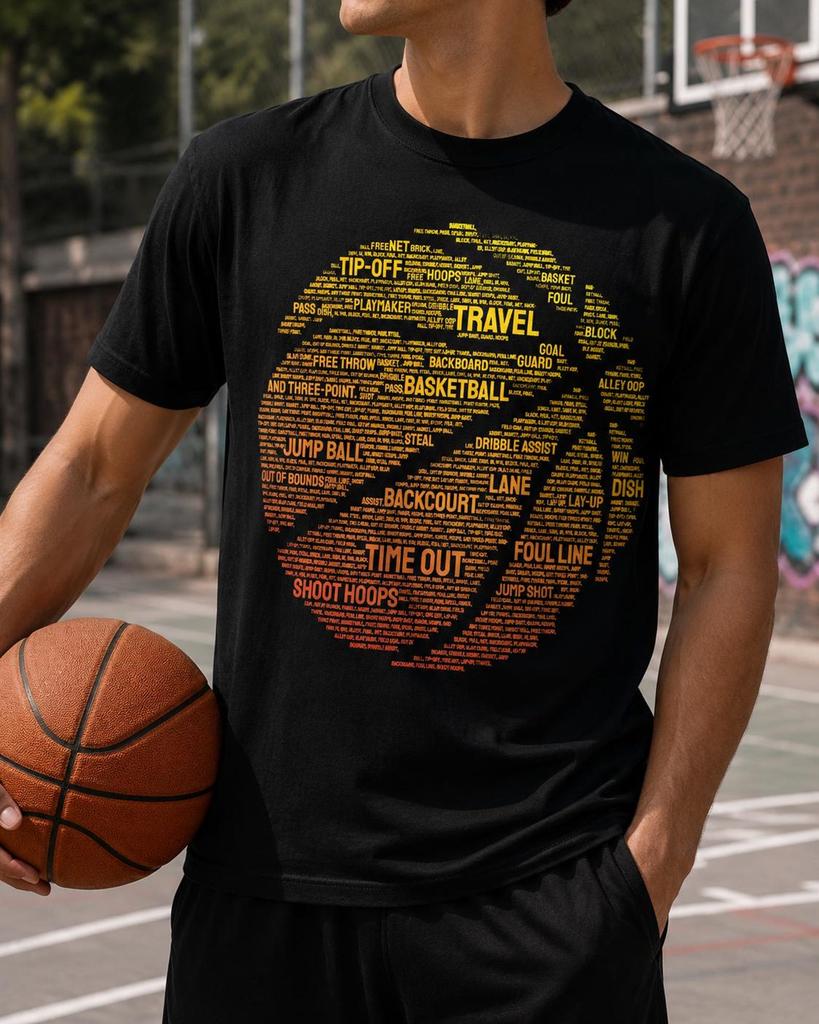 Basketball Word Cloud Shirt, Hoops Player Tee, Sports Fan Gift, Team Coach Game Day Outfit, Court Terms Graphic Apparel for Men Women Unisex