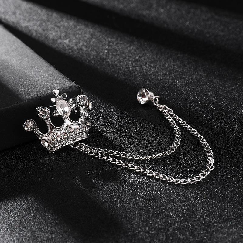 High-end Brooch Crown Crystal Rhinestones Brooches Tassel Chain Lapel Pin British Style Men's Suit Shirt Collar Luxulry Jewelry