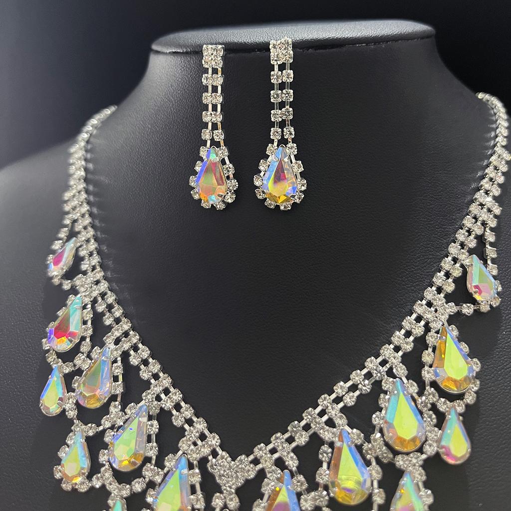Fashion Crystal Full Diamond Necklace Earrings Two-piece Evening Dress Accessories Dinner Party Jewelry Bridal Accessories Women
