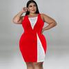 Plus Size Womens Sleeveless Color Block Rhinestone Embellished Dress Knit Midi Casual Vintage Chic Outfit
