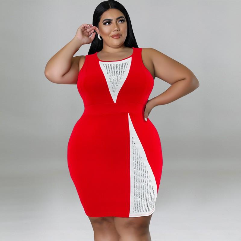 Plus Size Womens Sleeveless Color Block Rhinestone Embellished Dress Knit Midi Casual Vintage Chic Outfit