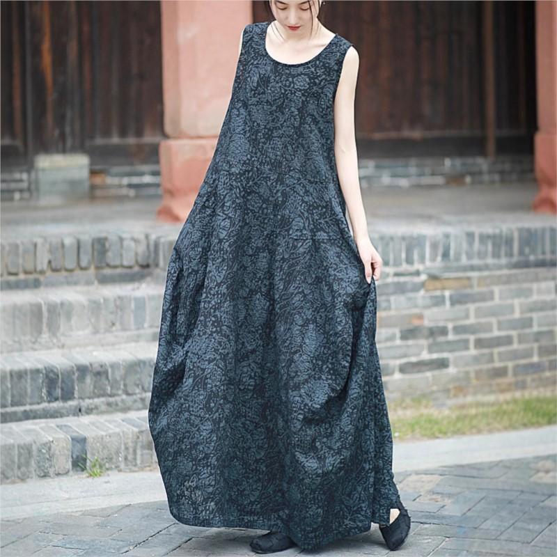 Johnature Women Vintage Sleeveless Dress O-Neck Jacquard Summer High Quality Female Dress
