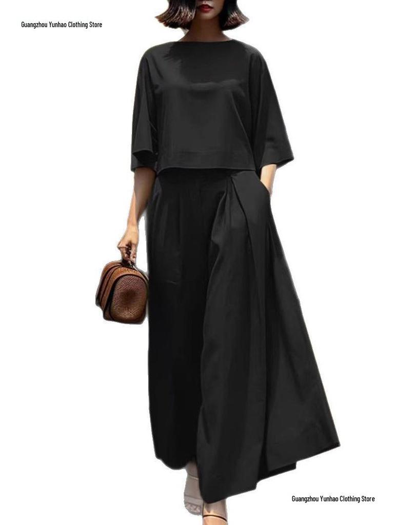 2026 Spring/Summer Women's Solid Color Short Sleeve Casual Loose Trousers Two-Piece Set