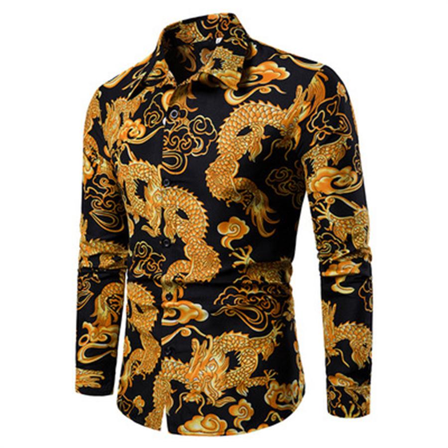 Golden Dragon Print Long Sleeve Shirt  Single Breasted Slim Fit Button Retro Social Dress Shirt