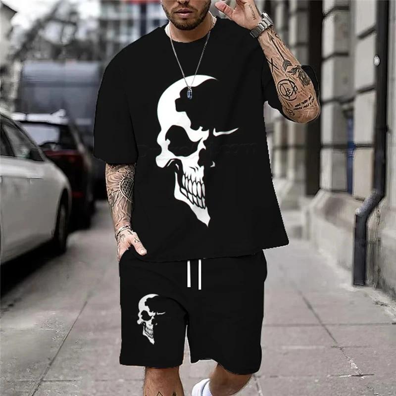 Retro Skull Print Set Men's T-shirt + Shorts 2-piece Set Men's Fashion T-shirt