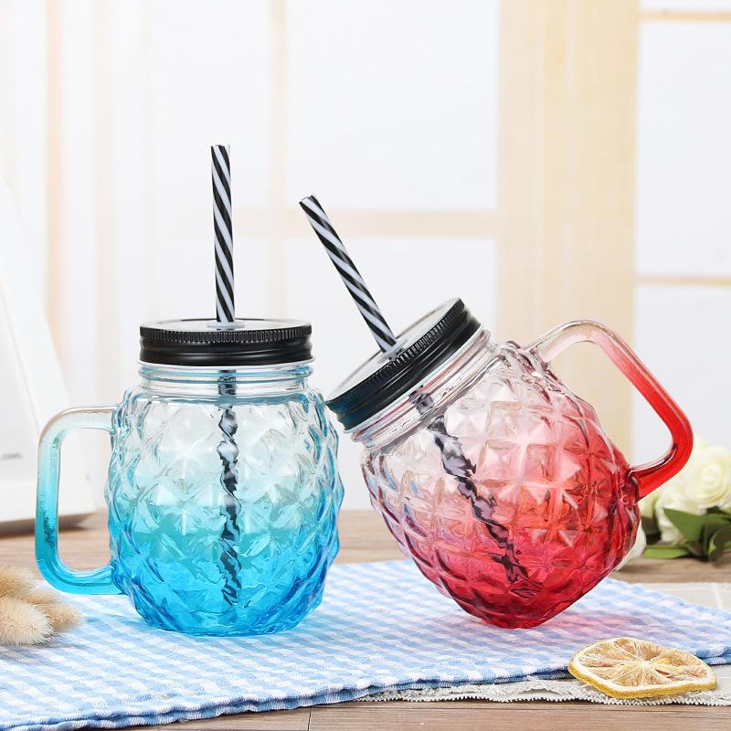 Creative Mason Cup Gradient Glass Drink Pineapple Water Cup with Lid Straw Cup Handle Cup