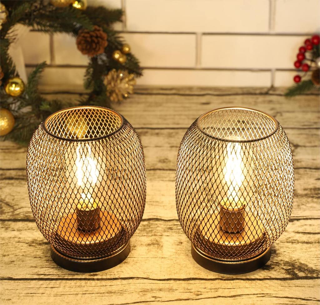 JHY DESIGN Metal Cage LED Lantern, 17cm Tall, Battery Operated, Cordless, Indirect Lighting, Antique Style, Table Lamp, LED Bulb Included, Perfect for