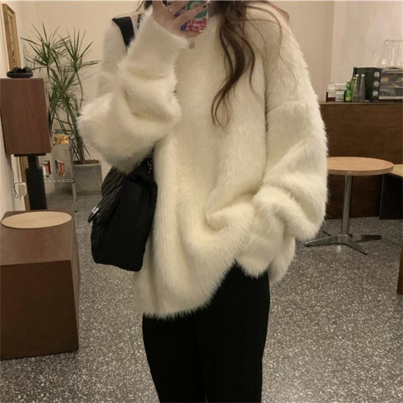 Women's Blue Velvet Round Neck Sweater - Soft, Cozy, Autumn/Winter Knitwear, Lazy Style European Fashion