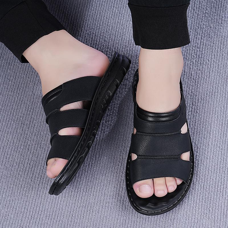 

Men Black Leather Slippers Flats Summer Brown Sandals Outdoor White Beach Shoes for Father Over Sized 46 47 48 EU:45 чёрный