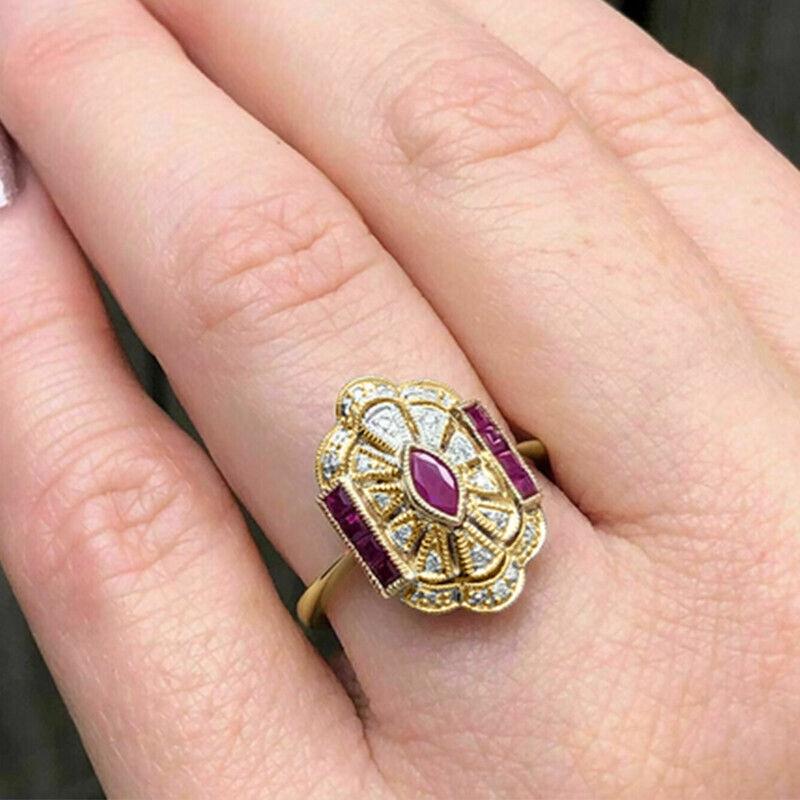 Huitan Gorgeous Red CZ Gold Color Rings for Women Vintage Style Luxury Lady Accessories Party Anniversary Gift Noble Zircon