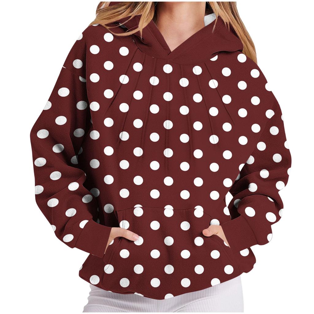 Damen Langarm Kapuzensweatshirt mit Polka-Dot-Print und Brustfalten
