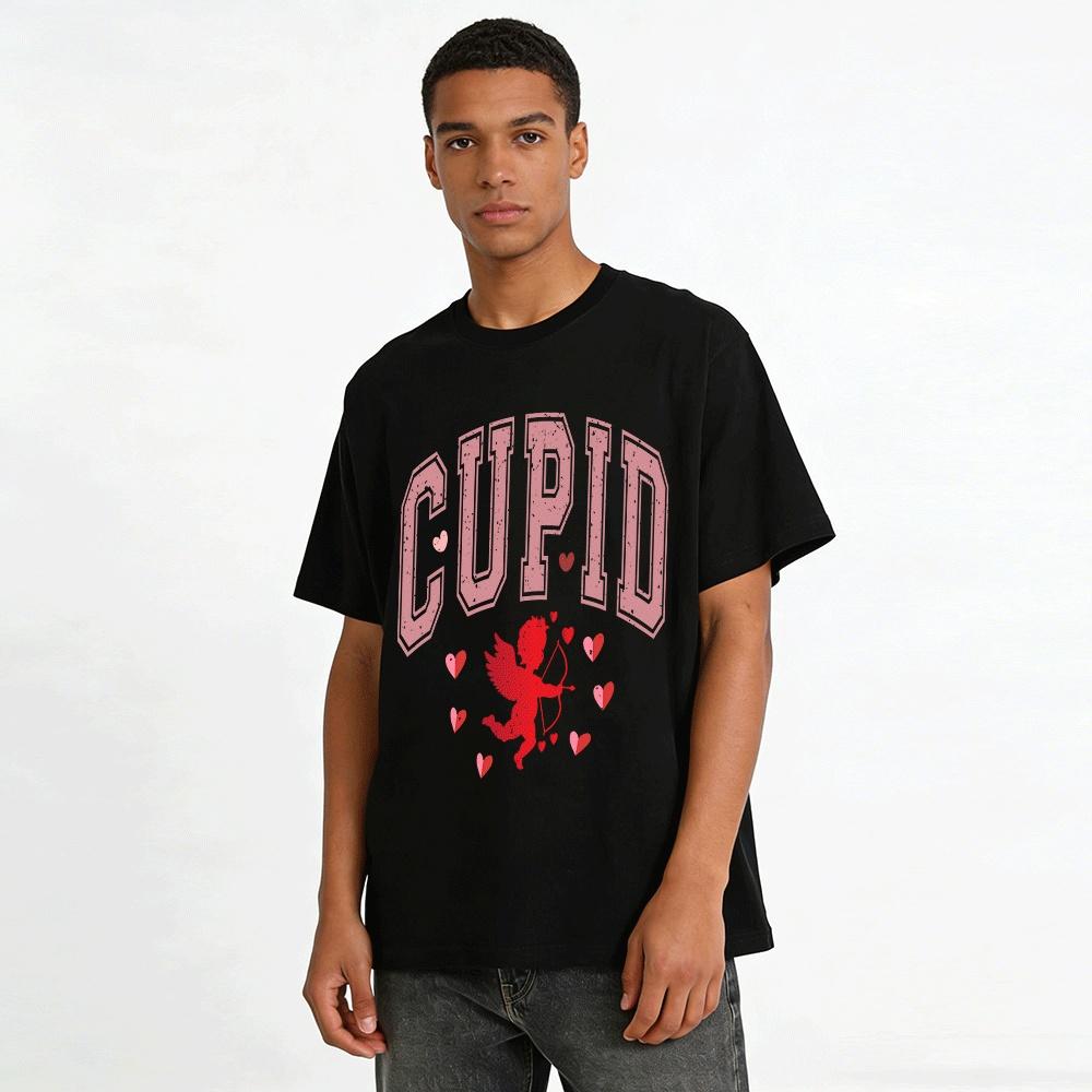 Vintage Cupid Heart Print Casual Couple Short Sleeve T-Shirt Pure Cotton T-shirt