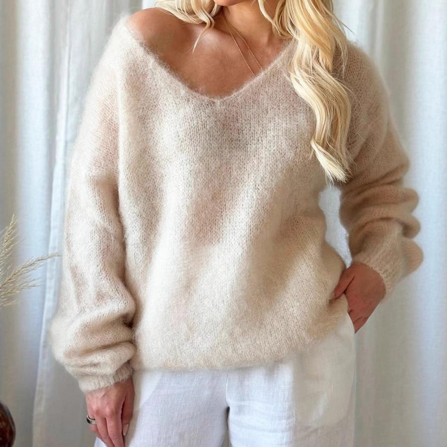 Soft and Fluffy V-Neck Long Sleeve Sweater Women's Autumn Winter Pullover Solid Color Lazy Style Loose Knit Top