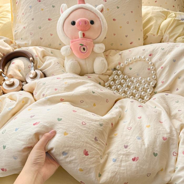 Class A soft waxy washed cotton four-piece bedding cute small fresh quilt cover bed sheet student dormitory bed hat model