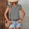 Chic Women's Striped V Neck Ruffle Blouse Short Sleeve Summer Tops